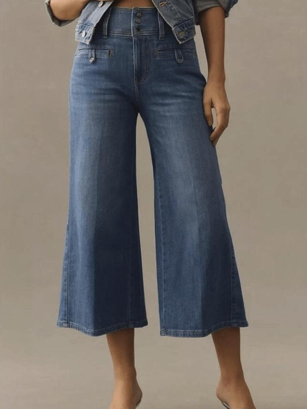Pilcro Dark-Mid Blue Wide-Leg Cropped Jeans
